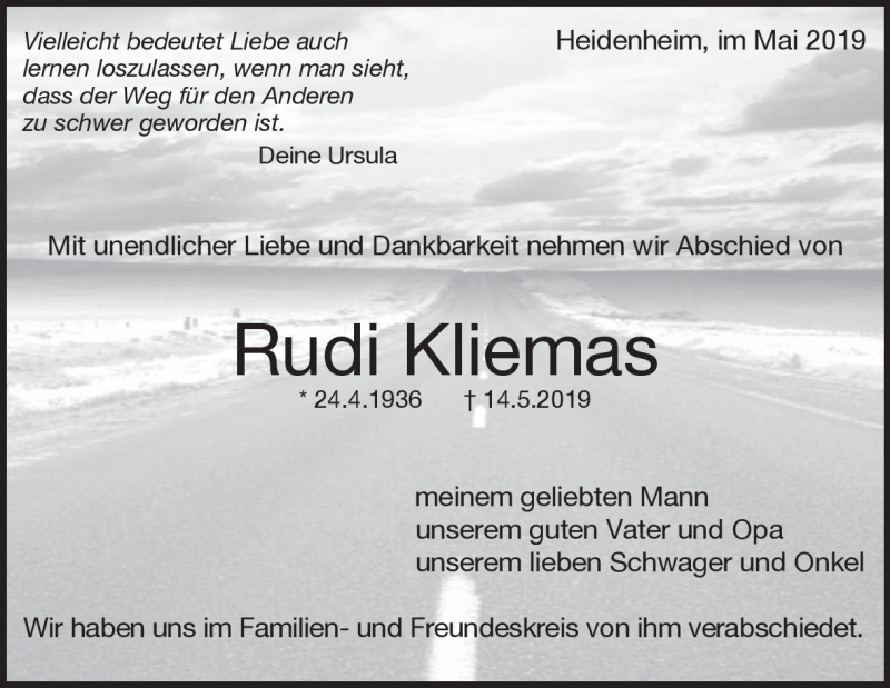  Traueranzeige für Rudi Kliemas vom 24.05.2019 aus Heidenheimer Zeitung