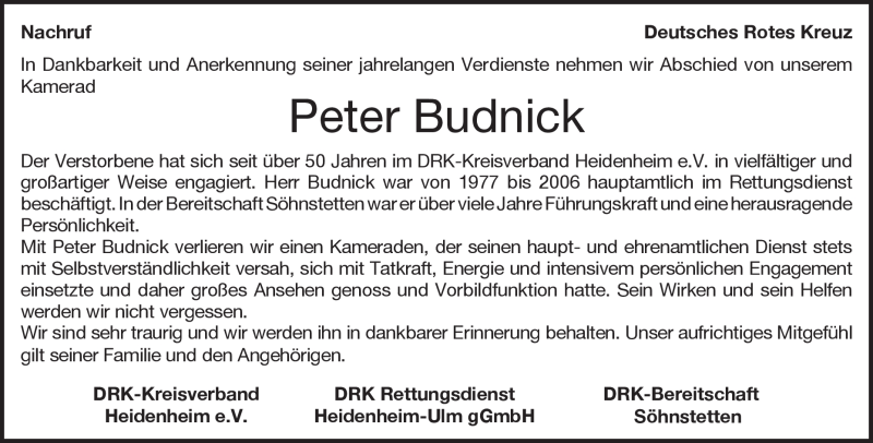  Traueranzeige für Peter Budnick vom 03.05.2019 aus Heidenheimer Zeitung