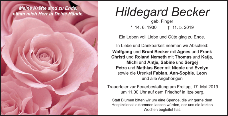  Traueranzeige für Hildegard Becker vom 14.05.2019 aus Heidenheimer Zeitung