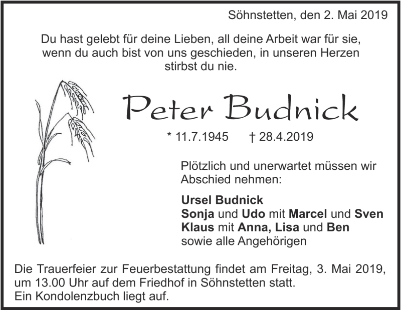  Traueranzeige für Peter Budnick vom 02.05.2019 aus Heidenheimer Zeitung