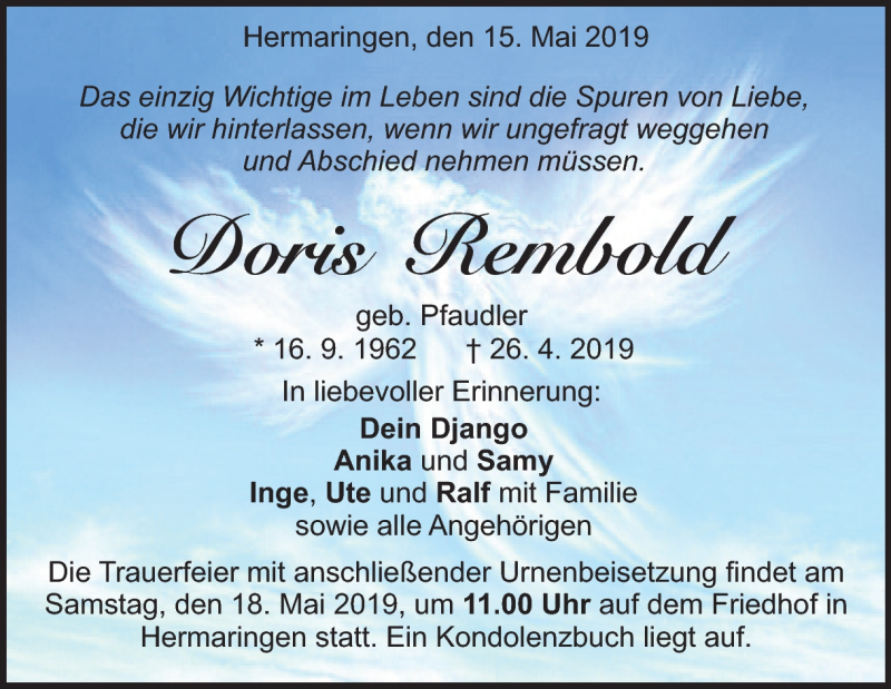  Traueranzeige für Doris Rembold vom 15.05.2019 aus Heidenheimer Zeitung