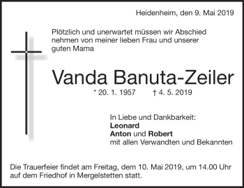 Traueranzeige von Banda Banuta-Zeiler von Heidenheimer Zeitung