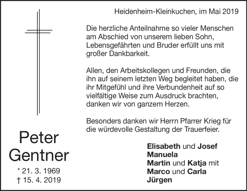  Traueranzeige für Peter Gentner vom 09.05.2019 aus Heidenheimer Zeitung