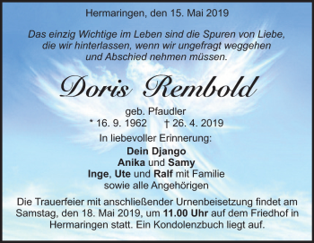 Traueranzeige von Doris Rembold von Heidenheimer Zeitung