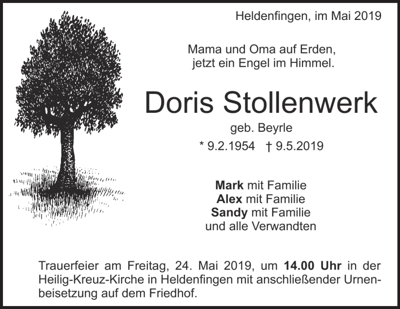  Traueranzeige für Doris Stollenwerk vom 21.05.2019 aus Heidenheimer Zeitung