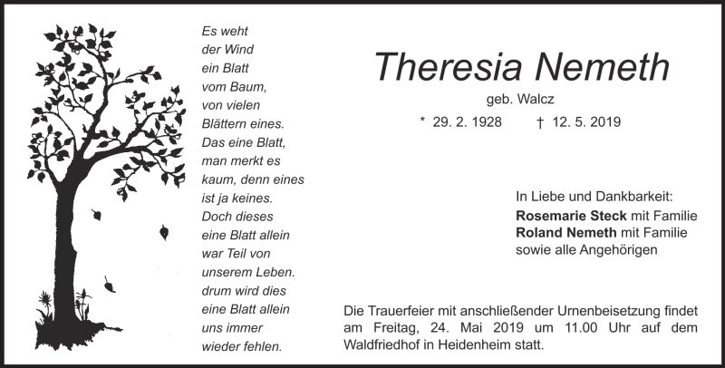  Traueranzeige für Theresia Nemeth vom 21.05.2019 aus Heidenheimer Zeitung