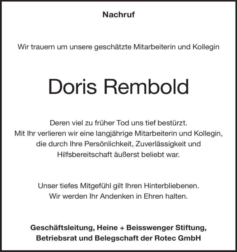  Traueranzeige für Doris Rembold vom 16.05.2019 aus Heidenheimer Zeitung