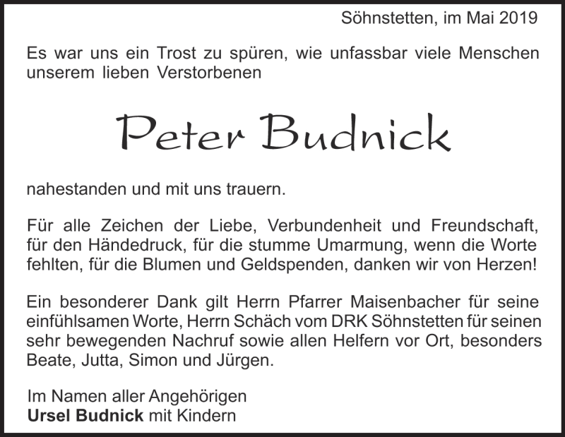  Traueranzeige für Peter Budnick vom 18.05.2019 aus Heidenheimer Zeitung
