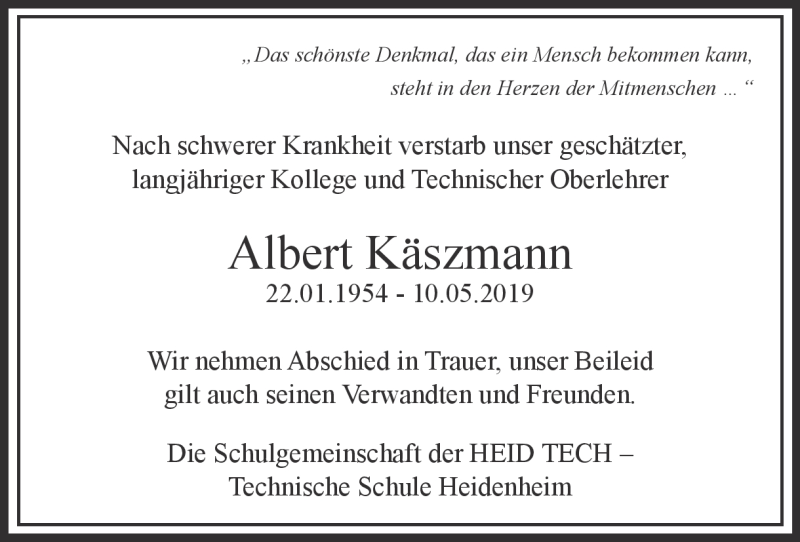  Traueranzeige für Albert Käszmann vom 18.05.2019 aus Heidenheimer Zeitung