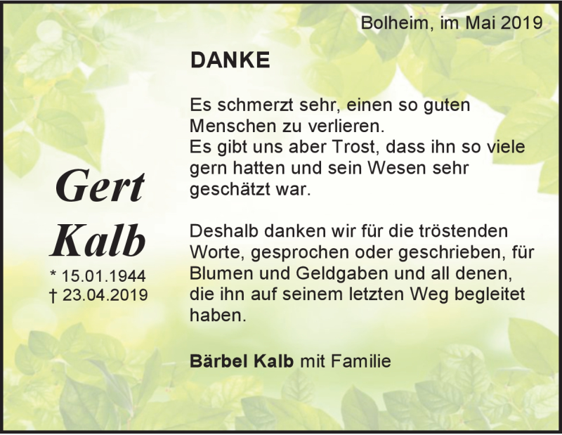  Traueranzeige für Gert Kalb vom 10.05.2019 aus Heidenheimer Zeitung