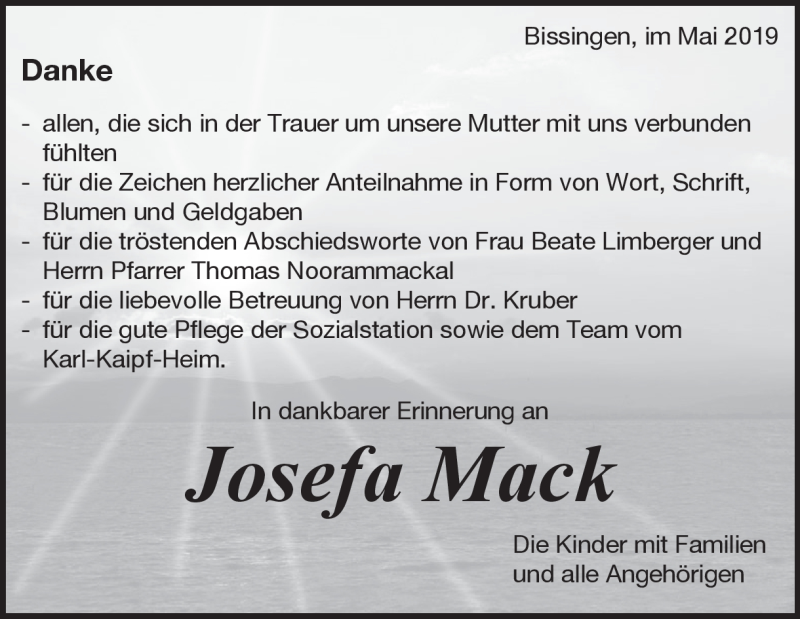  Traueranzeige für Josefa Mack vom 11.05.2019 aus Heidenheimer Zeitung