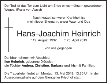 Traueranzeige von Hans-Joachim Heinrich von Heidenheimer Zeitung