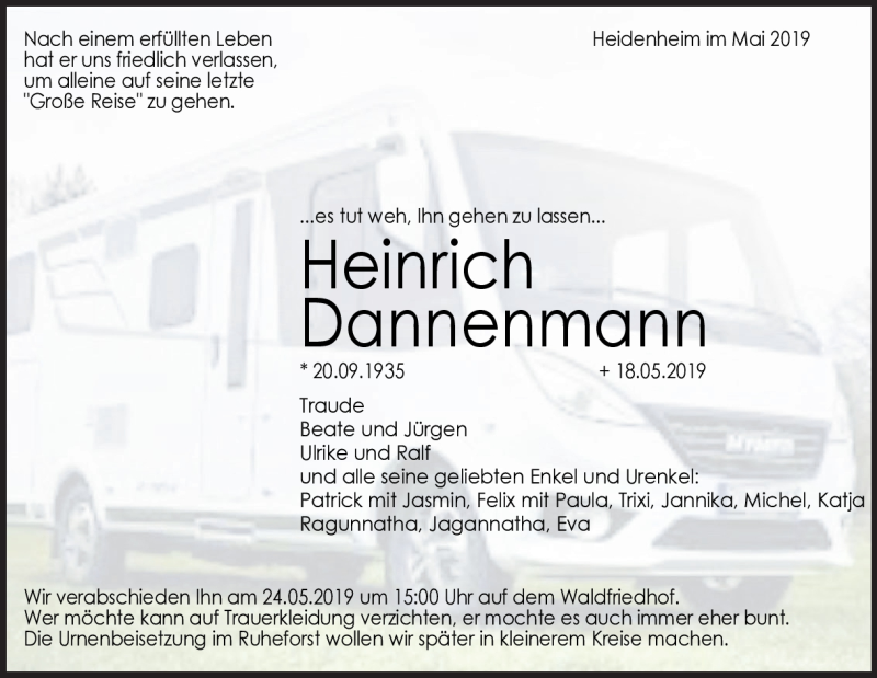 Traueranzeige für Heinrich Dannenmann vom 21.05.2019 aus Heidenheimer Zeitung