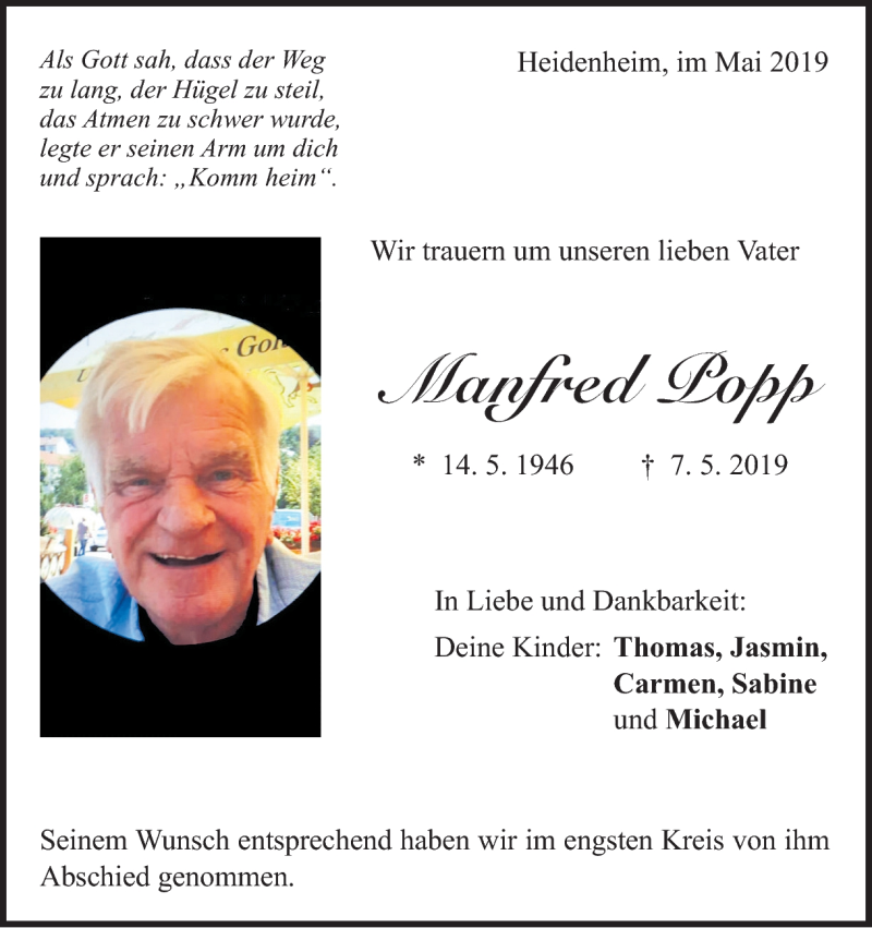  Traueranzeige für Manfred Popp vom 21.05.2019 aus Heidenheimer Zeitung