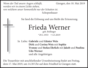 Traueranzeige von Frieda Werner von Heidenheimer Zeitung