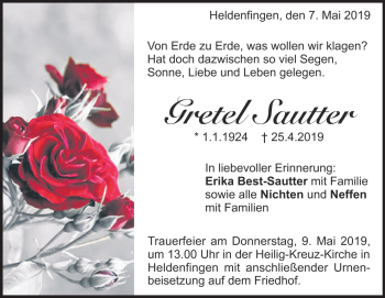 Traueranzeige von Gretel Sautter von Heidenheimer Zeitung