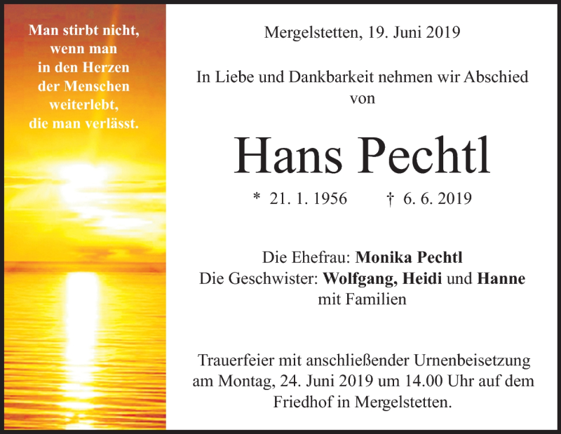  Traueranzeige für Hans Pechtl vom 19.06.2019 aus Heidenheimer Zeitung