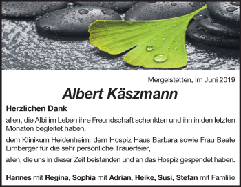 Traueranzeige von Albert Käszmann von Heidenheimer Zeitung