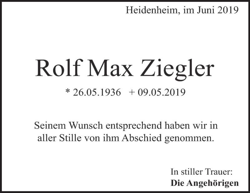  Traueranzeige für Rolf Max Ziegler vom 01.06.2019 aus Heidenheimer Zeitung