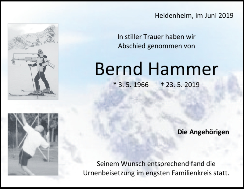  Traueranzeige für Bernd Hammer vom 08.06.2019 aus Heidenheimer Zeitung