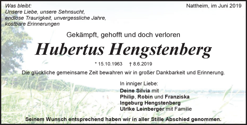  Traueranzeige für Hubertus Hengstenberg vom 22.06.2019 aus Heidenheimer Zeitung