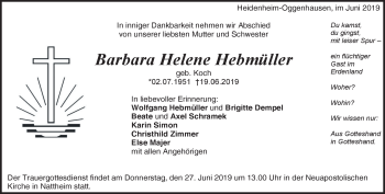 Traueranzeige von Barbara Helene Hebmüller von Heidenheimer Zeitung