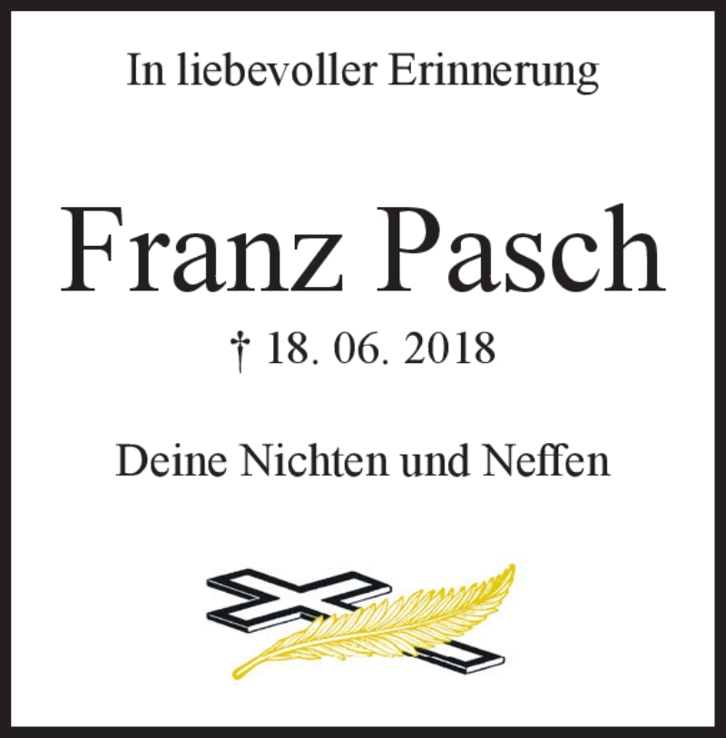  Traueranzeige für Franz Pasch vom 18.06.2019 aus Heidenheimer Zeitung