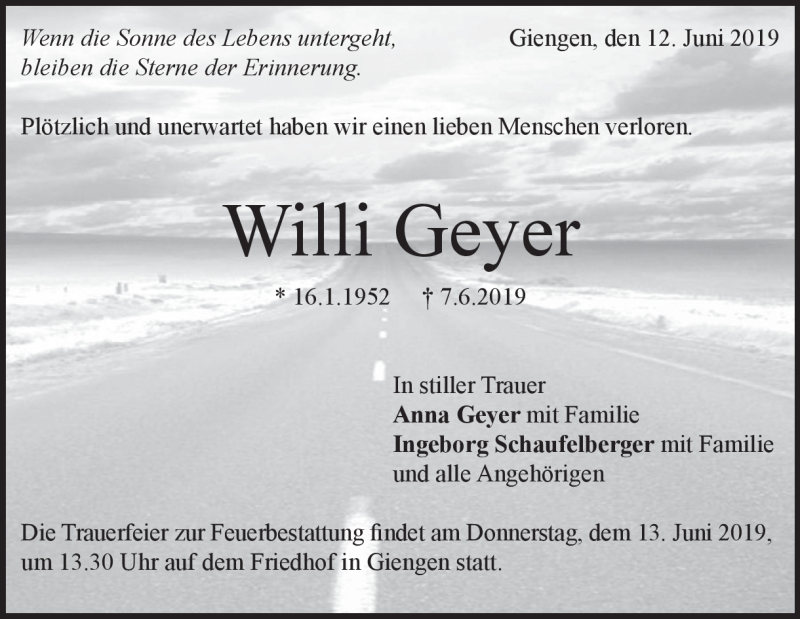  Traueranzeige für Willi  Geyer vom 12.06.2019 aus Heidenheimer Zeitung