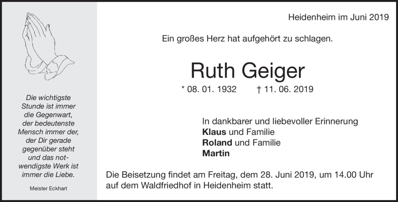  Traueranzeige für Ruth Geiger vom 15.06.2019 aus Heidenheimer Zeitung