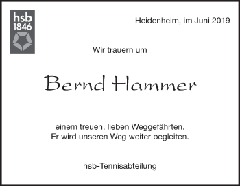 Traueranzeige von Bernd Hammer 