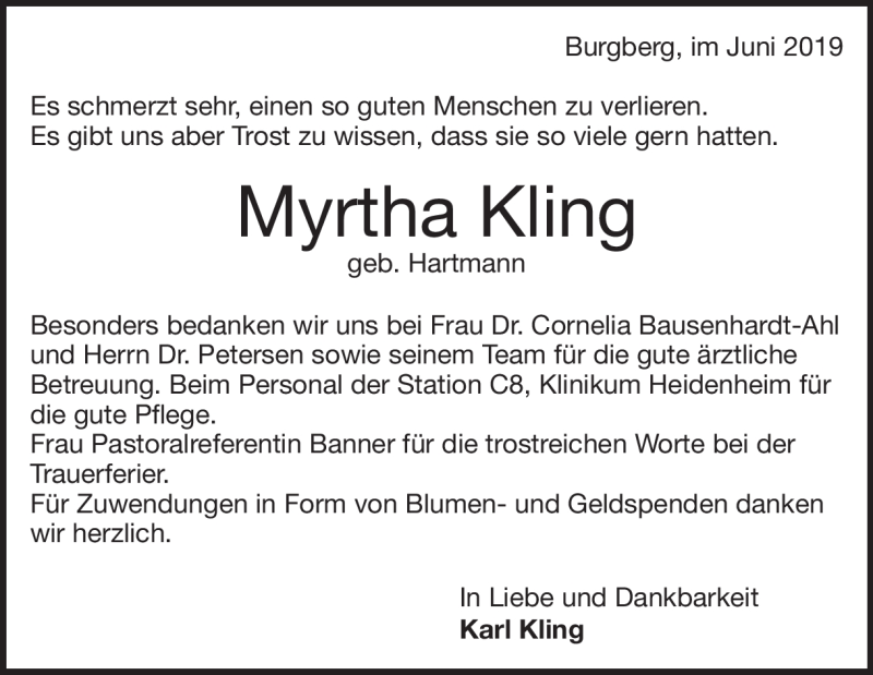  Traueranzeige für Myrtha Kling vom 11.06.2019 aus Heidenheimer Zeitung