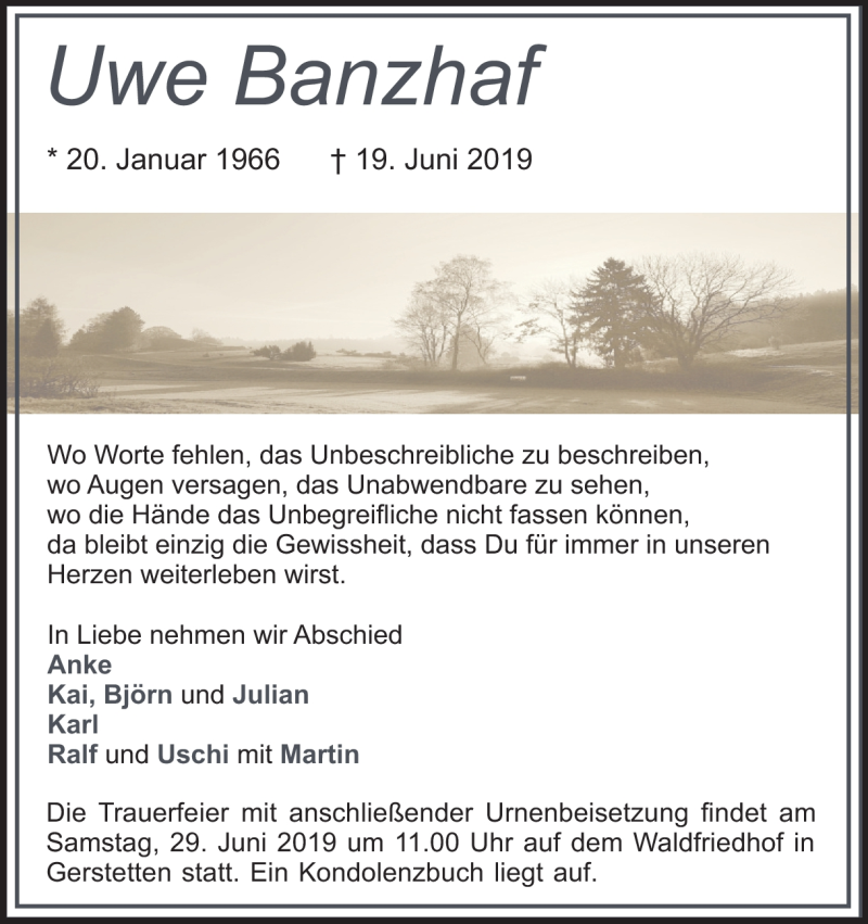  Traueranzeige für Uwe Banzhaf vom 25.06.2019 aus Heidenheimer Zeitung