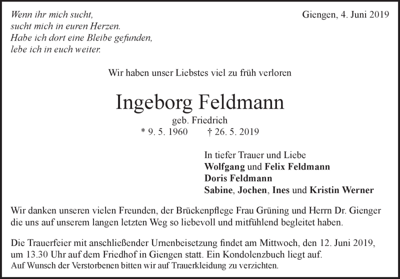  Traueranzeige für Ingeborg Feldmann vom 04.06.2019 aus Heidenheimer Zeitung