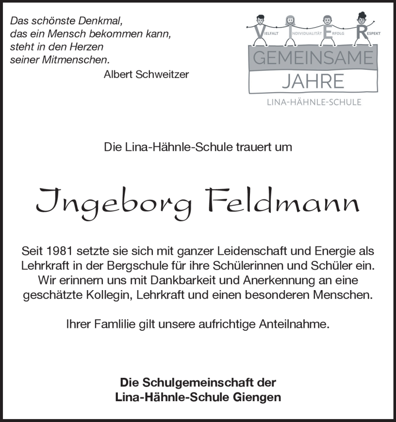  Traueranzeige für Ingeborg Feldmann vom 05.06.2019 aus Heidenheimer Zeitung