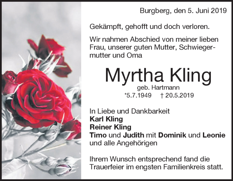  Traueranzeige für Myrtha Kling vom 05.06.2019 aus Heidenheimer Zeitung