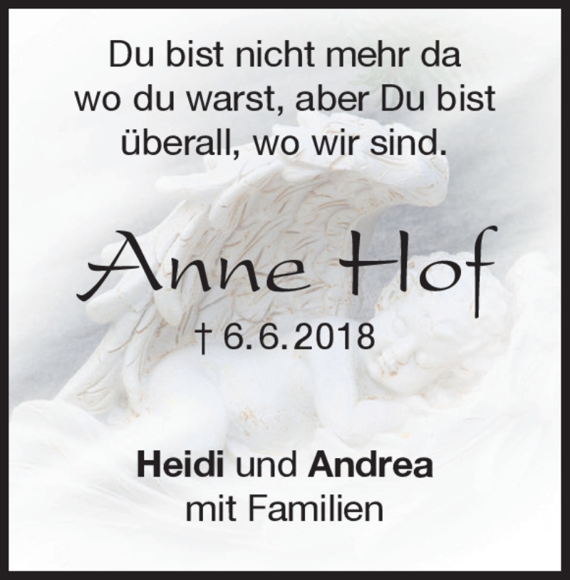  Traueranzeige für Anne Hof vom 06.06.2019 aus Heidenheimer Zeitung