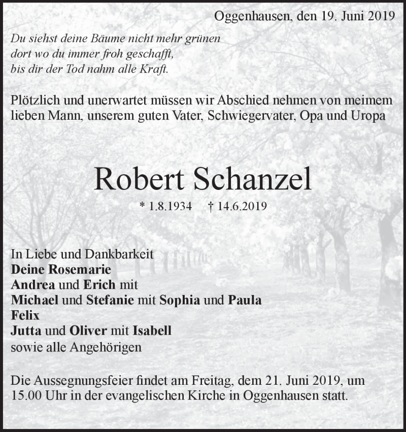  Traueranzeige für Robert Schanzel vom 19.06.2019 aus Heidenheimer Zeitung