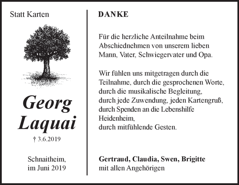  Traueranzeige für Georg Laquai vom 19.06.2019 aus Heidenheimer Zeitung