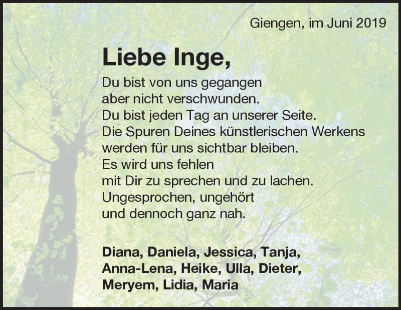  Traueranzeige für Ingeborg Feldmann vom 05.06.2019 aus Heidenheimer Zeitung
