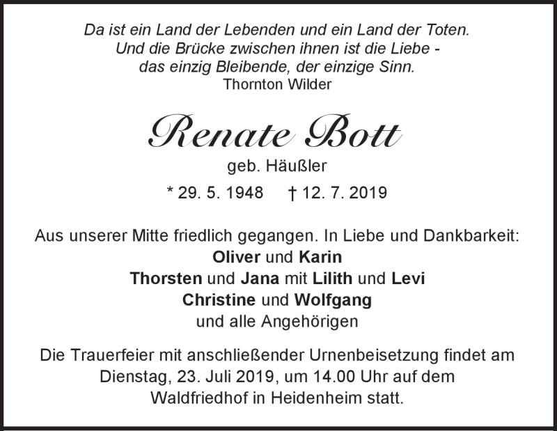  Traueranzeige für Renate Bott vom 19.07.2019 aus Heidenheimer Zeitung