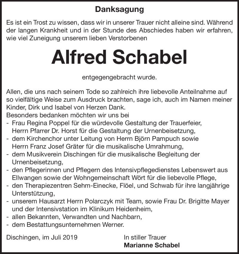  Traueranzeige für Alfred Schabel vom 31.07.2019 aus Heidenheimer Zeitung