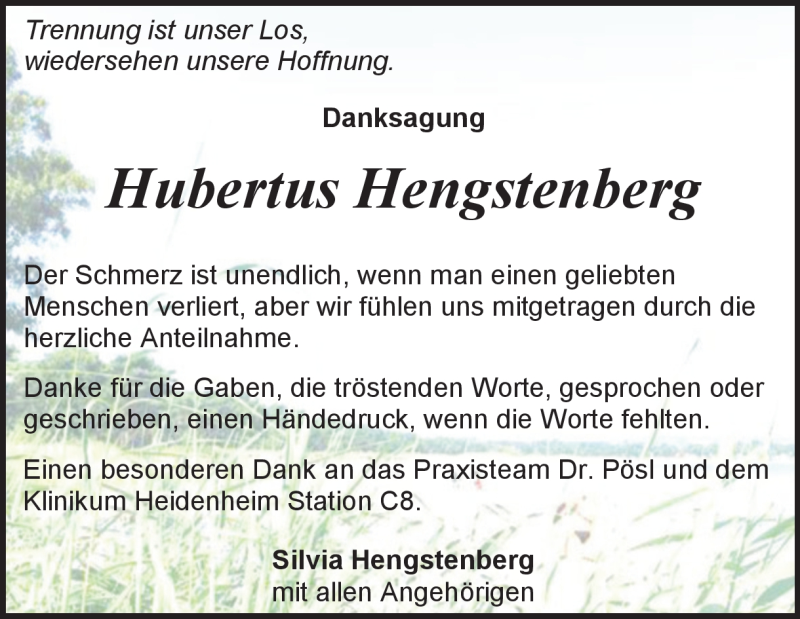  Traueranzeige für Hubertus Hengstenberg vom 06.07.2019 aus Heidenheimer Zeitung