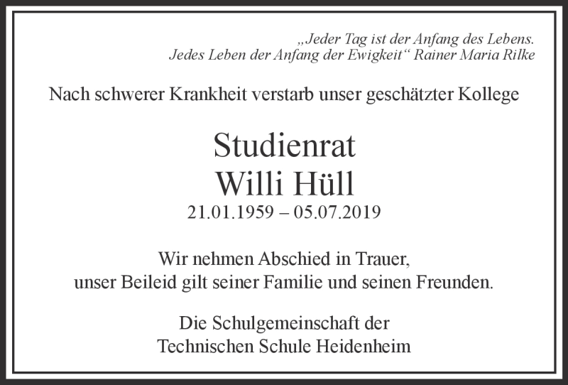  Traueranzeige für Willi Hüll vom 12.07.2019 aus Heidenheimer Zeitung