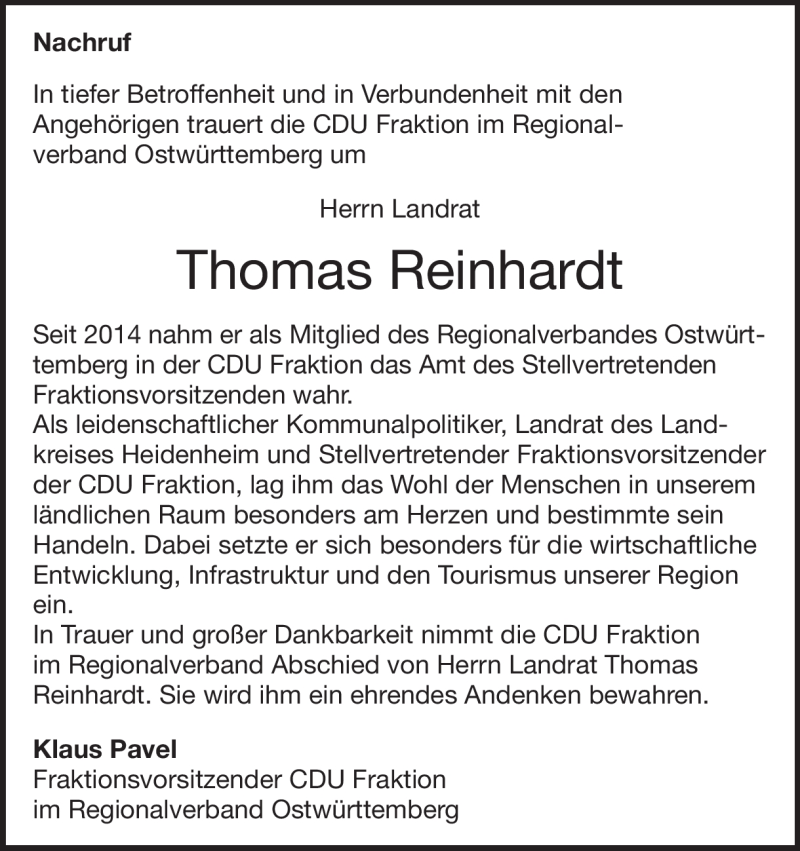  Traueranzeige für Thomas Reinhardt vom 16.07.2019 aus Heidenheimer Zeitung