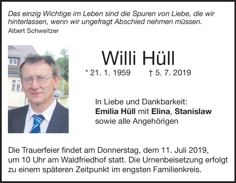  Traueranzeige für Willi Hüll vom 09.07.2019 aus Heidenheimer Zeitung