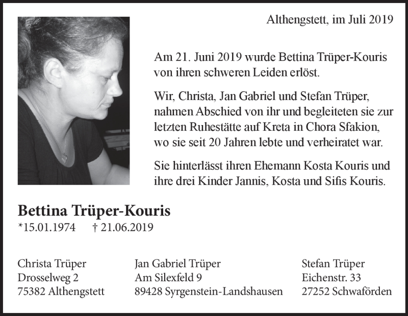  Traueranzeige für Bettina Trüper-Kouris vom 02.07.2019 aus Heidenheimer Zeitung