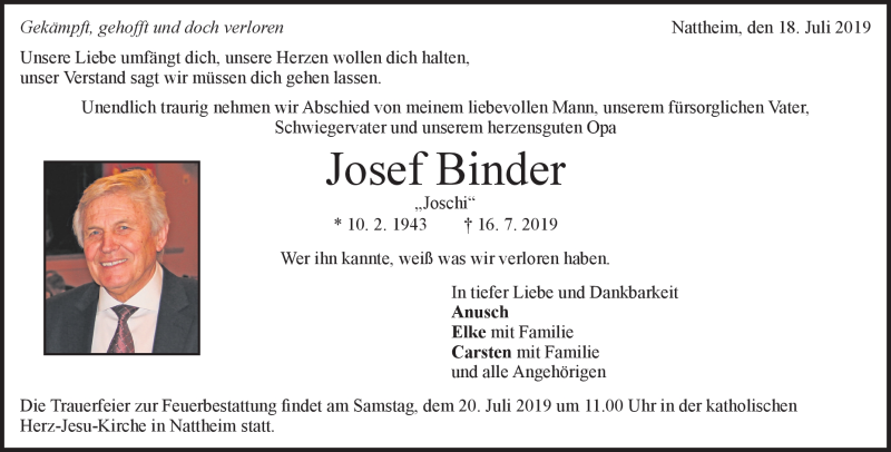  Traueranzeige für Josef Binder vom 18.07.2019 aus Heidenheimer Zeitung