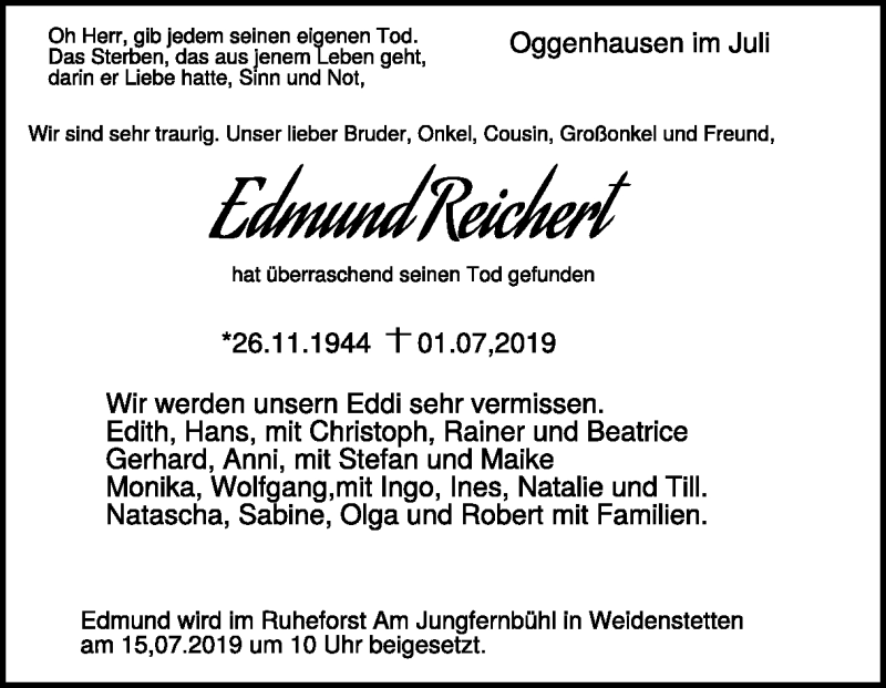  Traueranzeige für Edmund Reichert vom 13.07.2019 aus Heidenheimer Zeitung