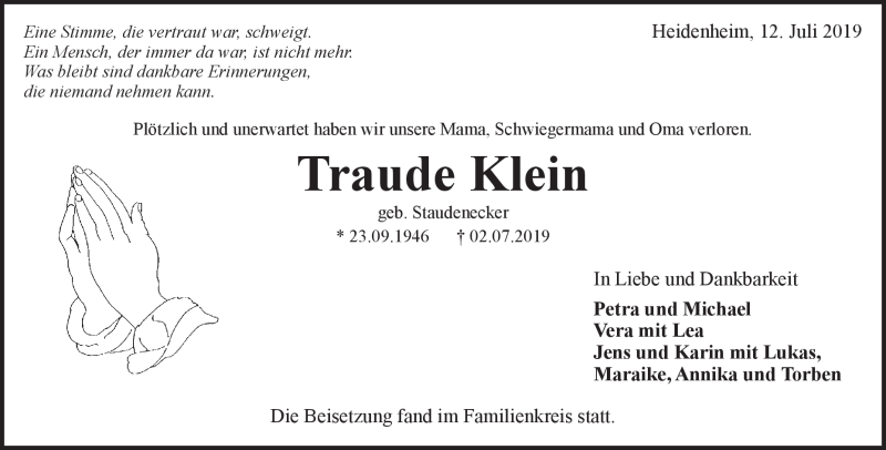  Traueranzeige für Traude Klein vom 12.07.2019 aus Heidenheimer Zeitung