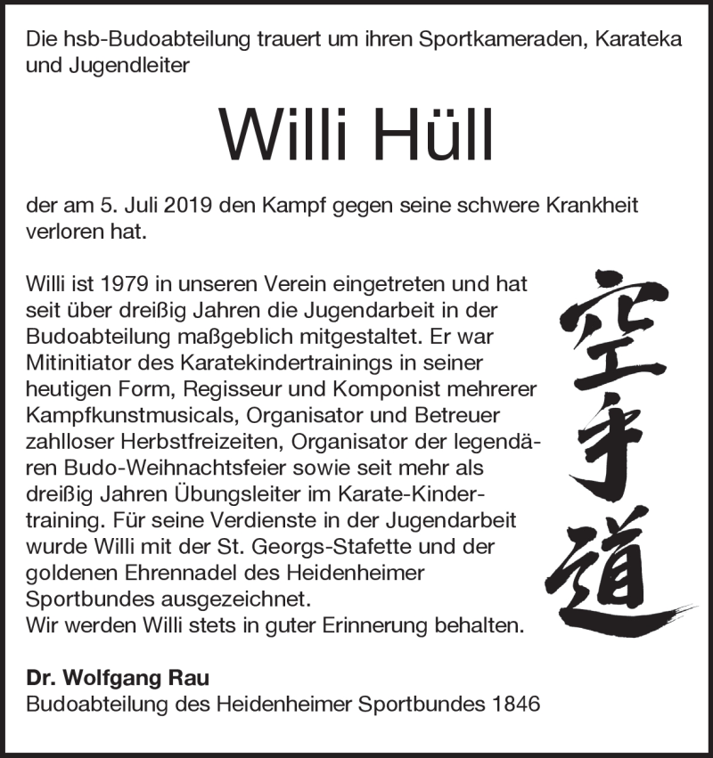  Traueranzeige für Willi Hüll vom 10.07.2019 aus Heidenheimer Zeitung